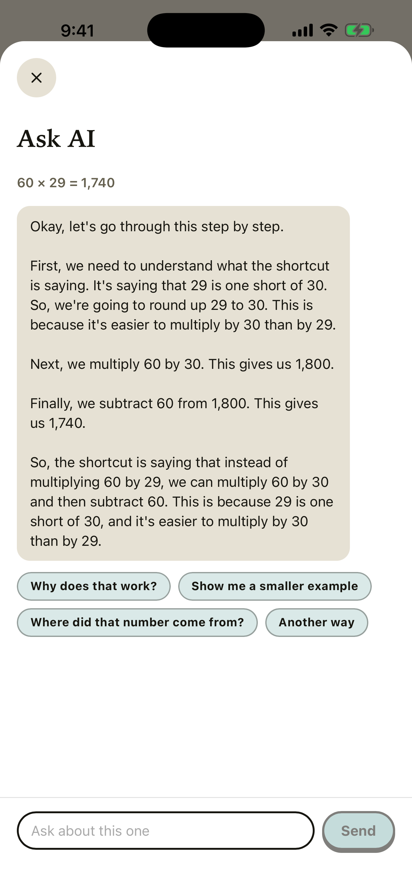Ask AI: the on-device tutor walking through the steps, with the conversation's follow-up questions below.
