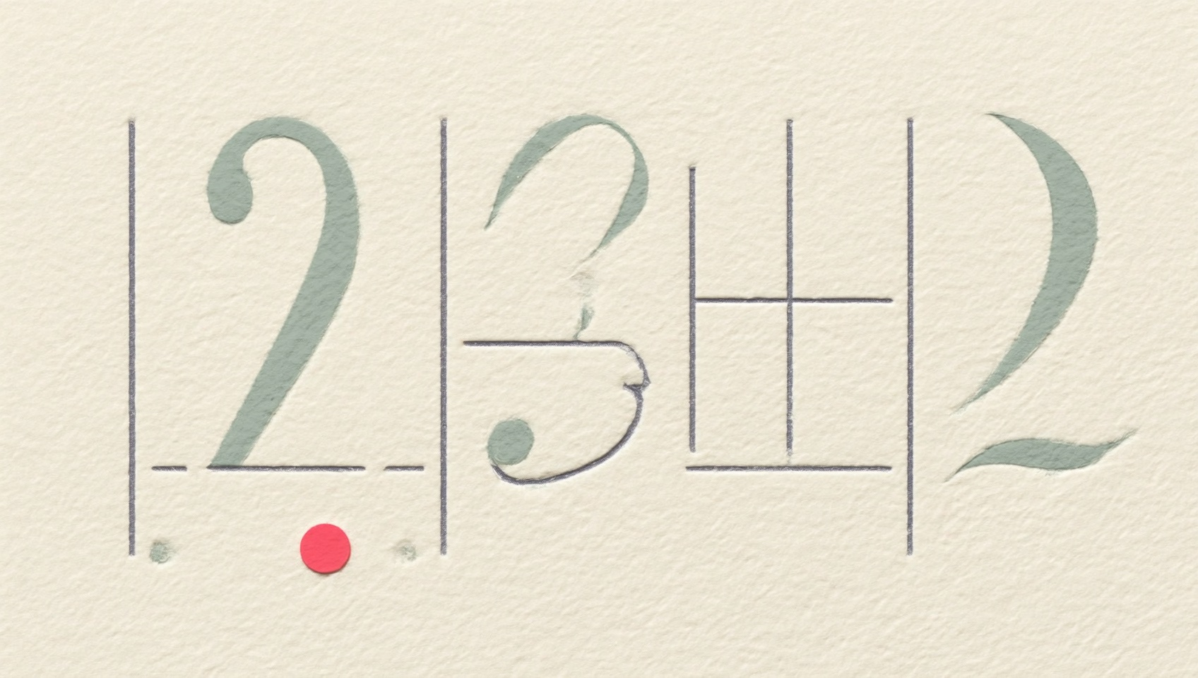 Oversized serif numerals pressed into cream paper, one in the app's teal and a small coral dot.