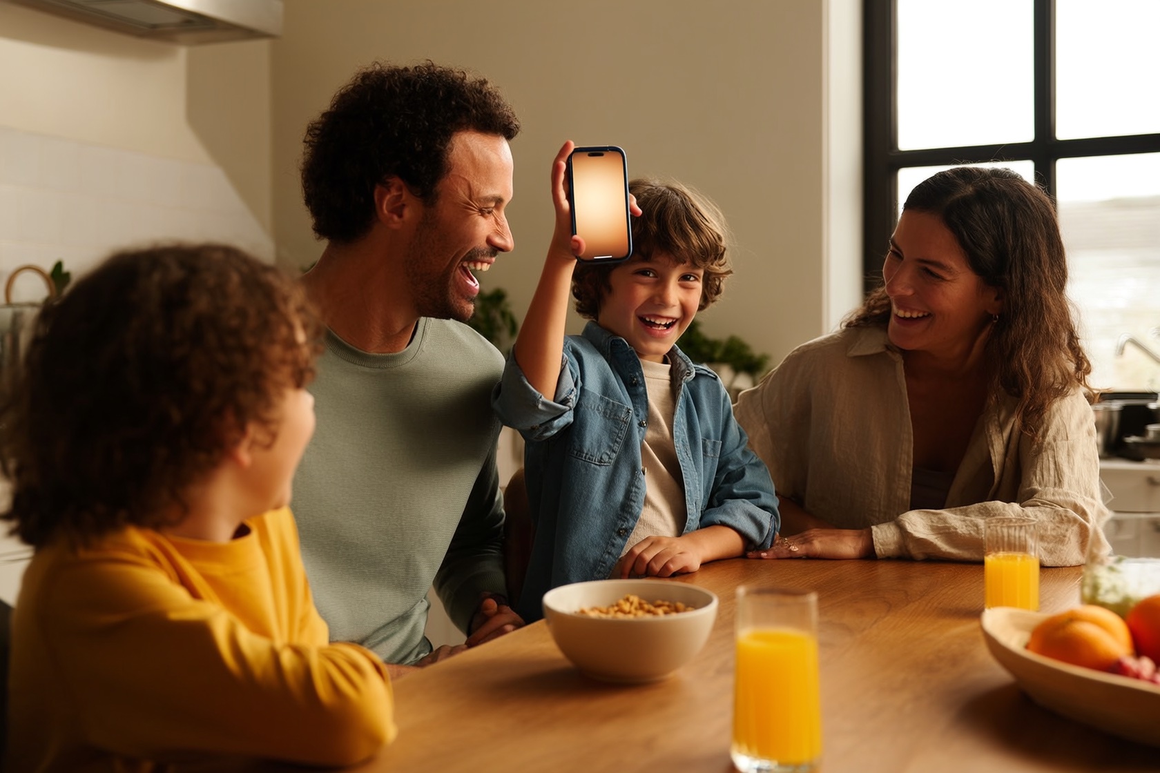 A family of four laughing around a kitchen table while a kid holds a phone up in triumph.