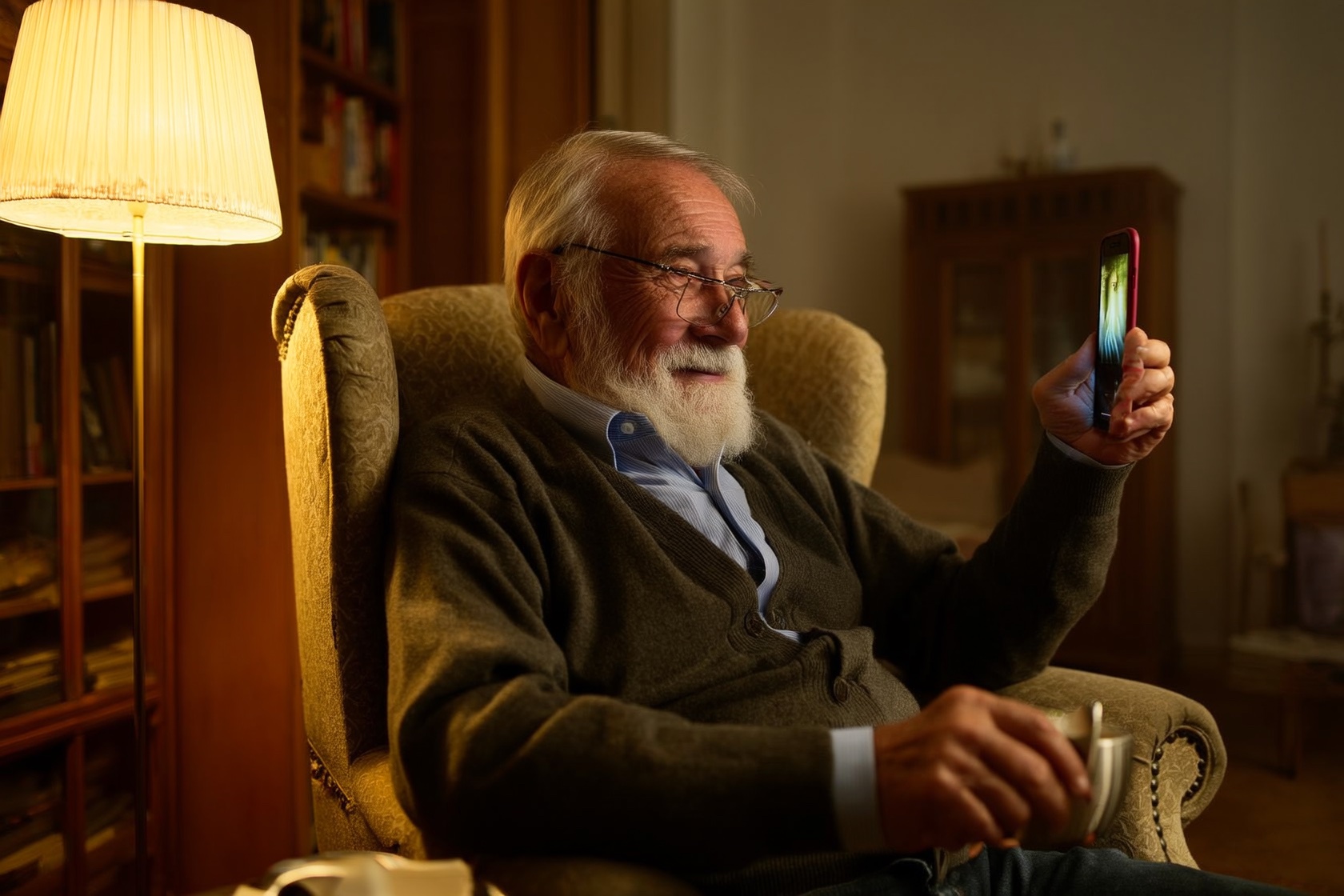 An older man in a cardigan and reading glasses smiling at a phone in an armchair by a lamp.